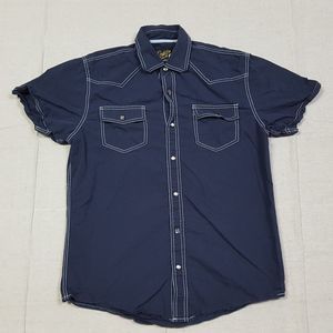 Dukes Bark Shirt Mens Small Blue Short Sleeve Pearl Snap Western Casual